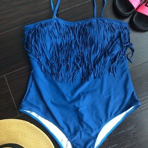Blue One Piece Swimsuit with Fringe! Flattering!